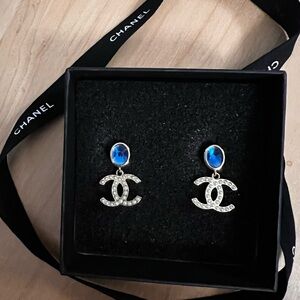 CHANEL CC Drop Earrings, Pearl Logo & Blue Crystal, Made in Italy, Vintage